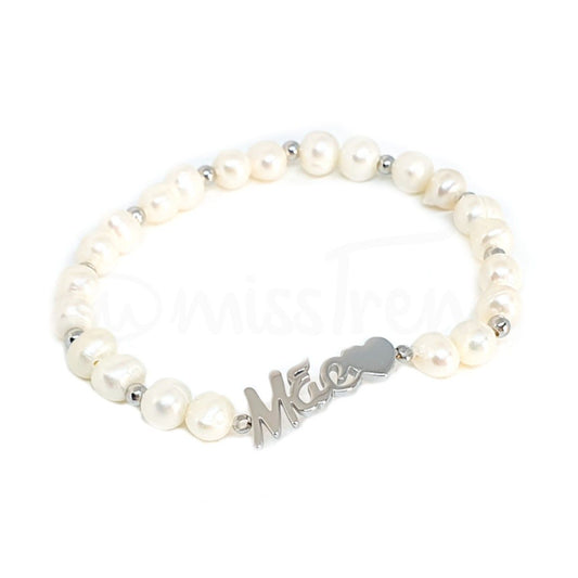 Pulseira mãe com pérolas elástica em aço prateado