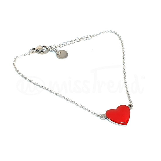 Pulseira com coração vermelho em aço prateada