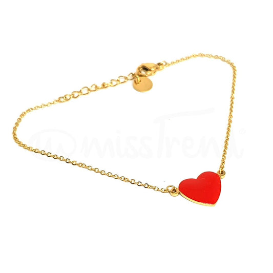 Pulseira com coração vermelho em aço dourada