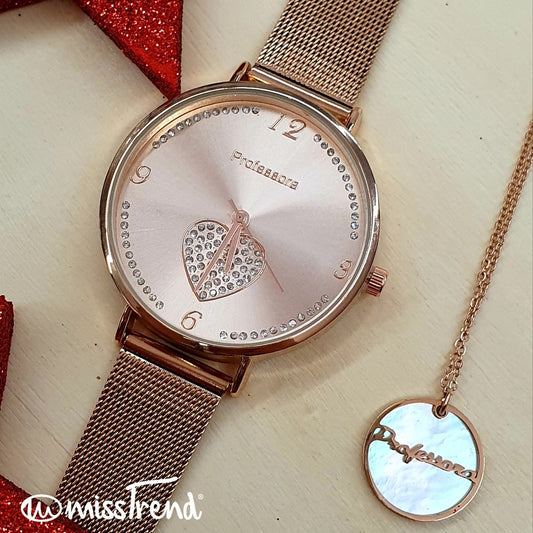 Relogio feminino exclusivo professora rosa gold em aço