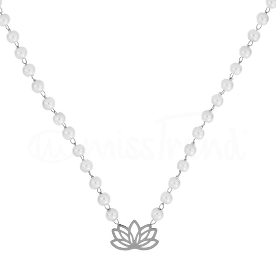 colar pérolas com pendente flor de lótus em aço