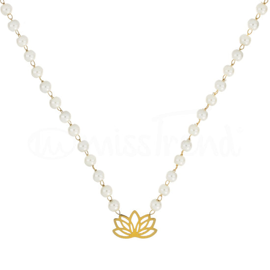 colar pérolas com pendente flor de lótus em aço