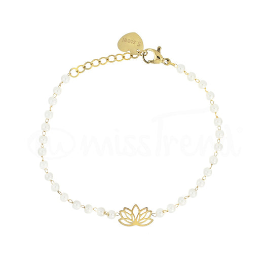 Pulseira pérolas com flor de lótus em aço