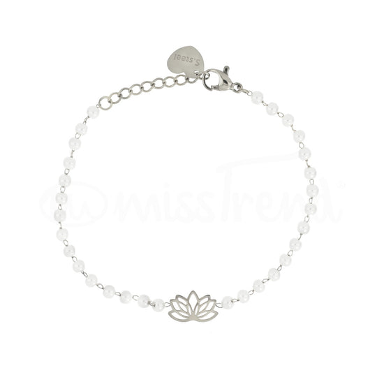 Pulseira pérolas com flor de lótus em aço