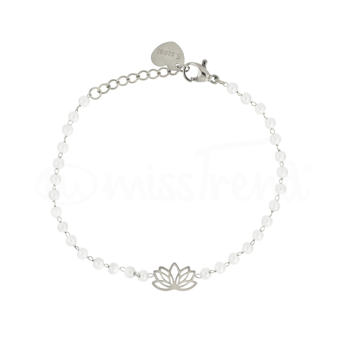 Pulseira pérolas com flor de lótus em aço