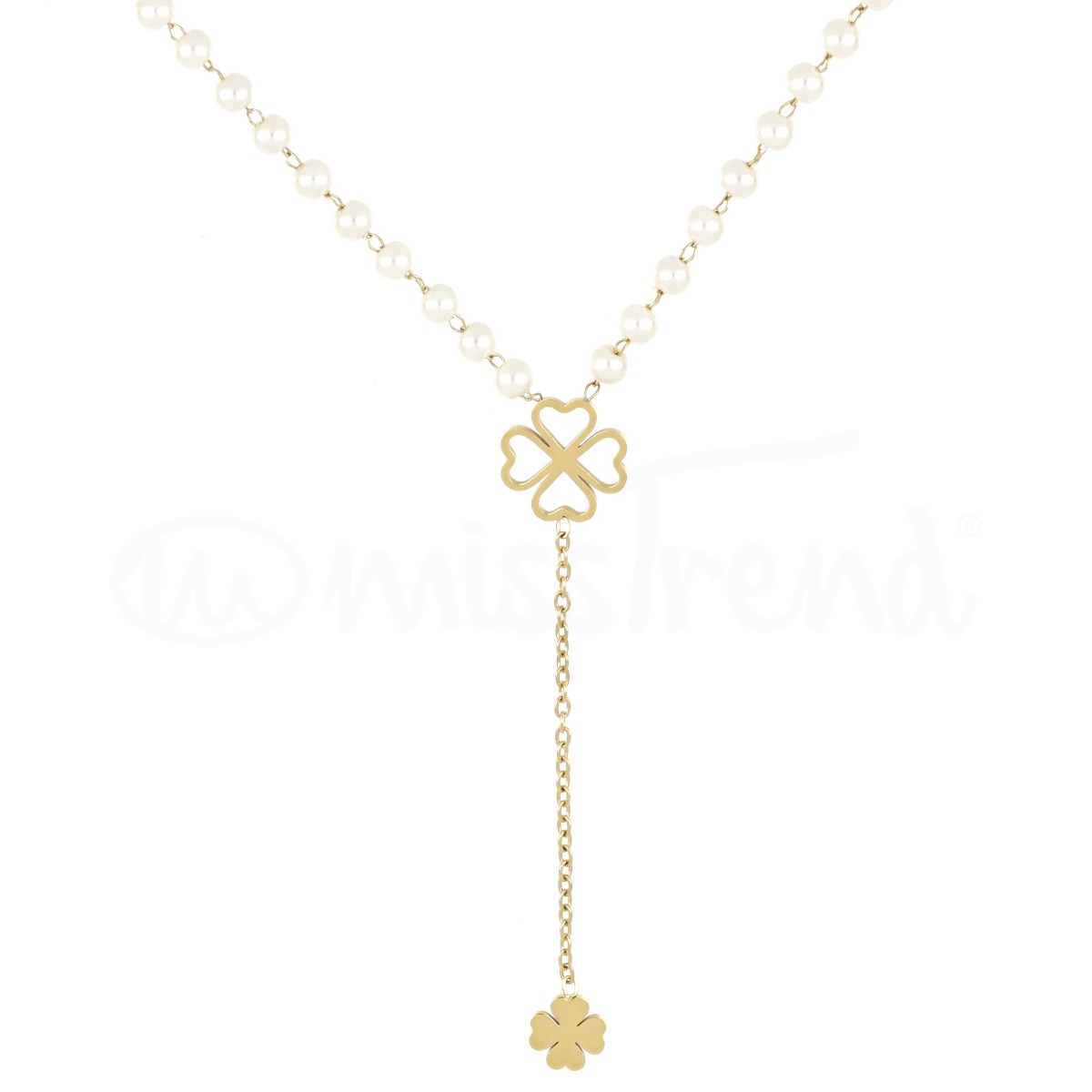 Colar pérolas com pendente trevo em aço dourado