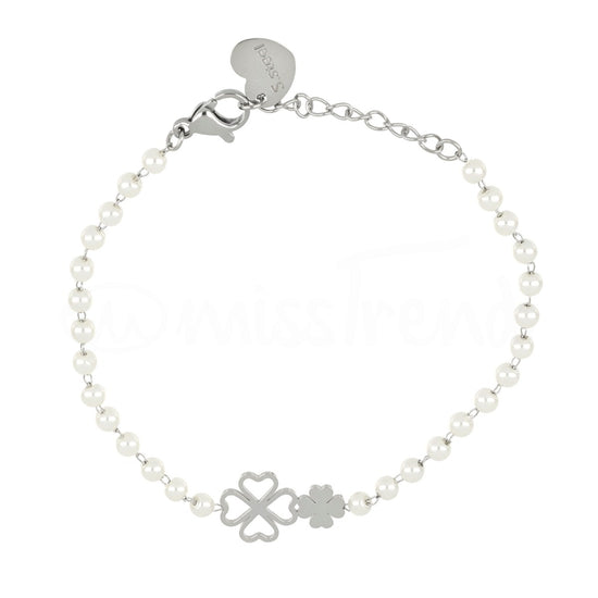 Pulseira pérolas com dois trevos em aço