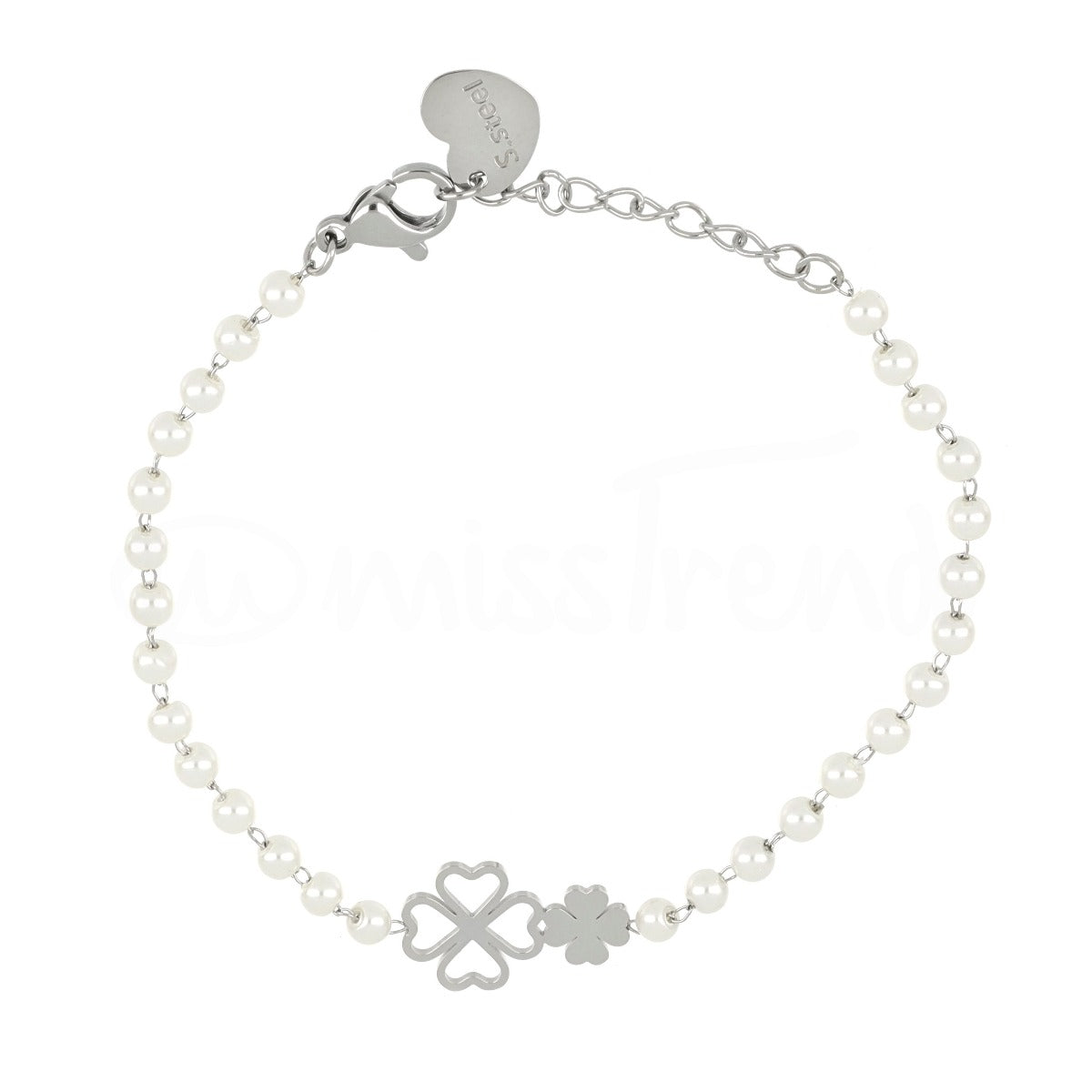 Pulseira pérolas com dois trevos em aço