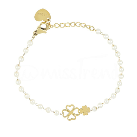 Pulseira pérolas com dois trevos em aço