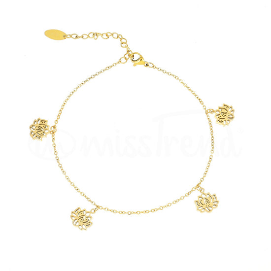 Pulseira de pé com pendentes flor de lótus em aço dourado
