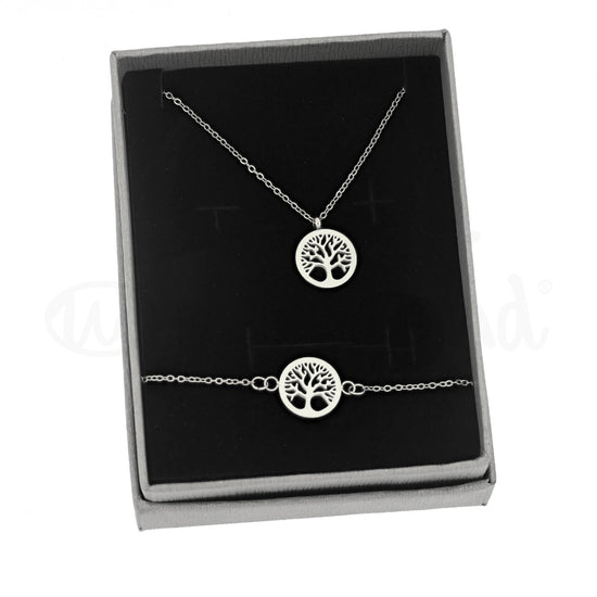 Conjunto colar + pulseira árvore da vida em aço prateado