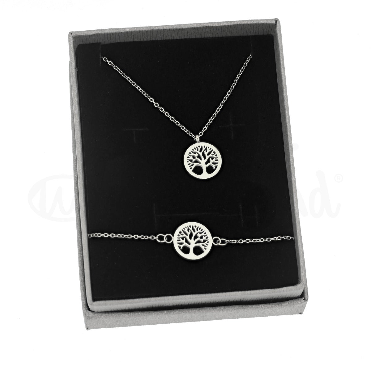 Conjunto colar + pulseira árvore da vida em aço prateado