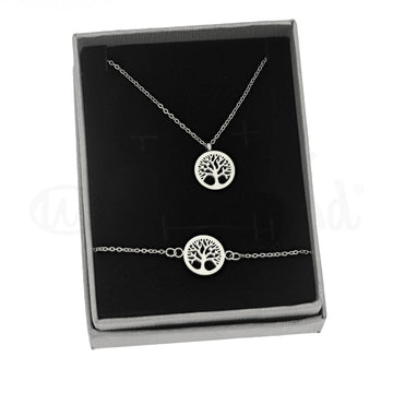 Conjunto colar + pulseira árvore da vida em aço prateado