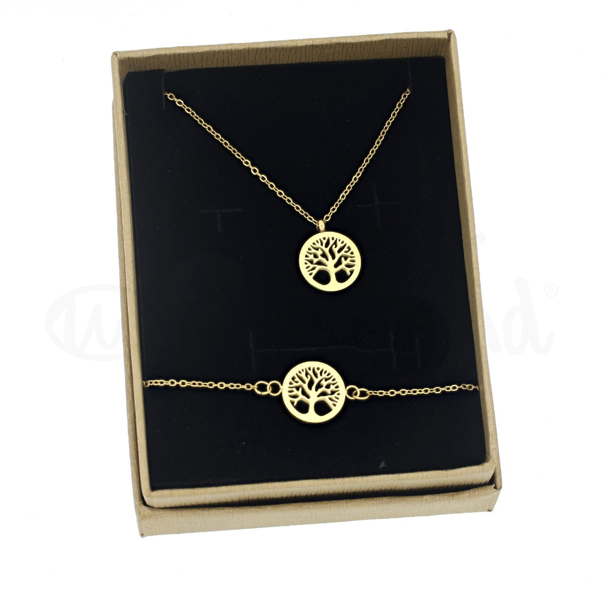 Conjunto colar + pulseira árvore da vida em aço dourado