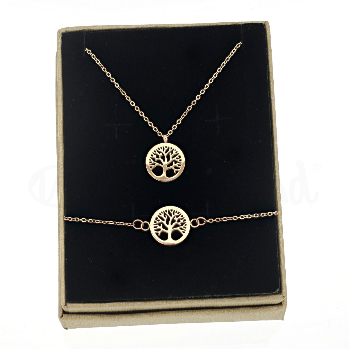 Conjunto colar + pulseira árvore da vida em aço rosa gold
