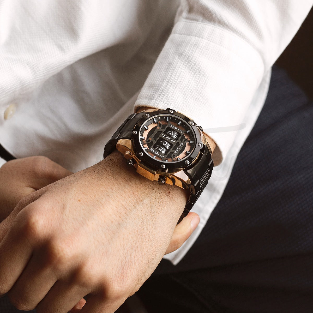 Relógio masculino skyline timeless steel preto rosa gold