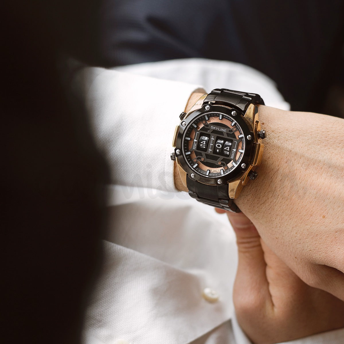 Relógio masculino skyline timeless steel preto rosa gold