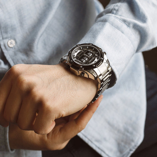 Relógio masculino skyline timeless steel preto prateado