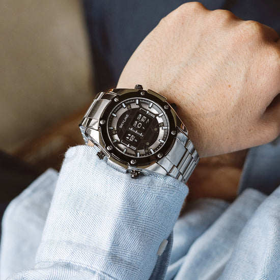 Relógio masculino skyline timeless steel preto prateado