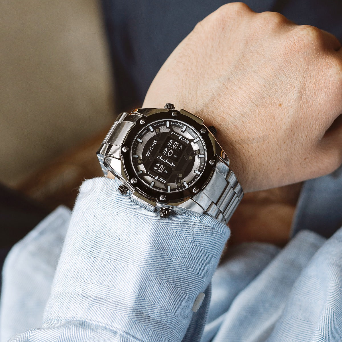 Relógio masculino skyline timeless steel preto prateado