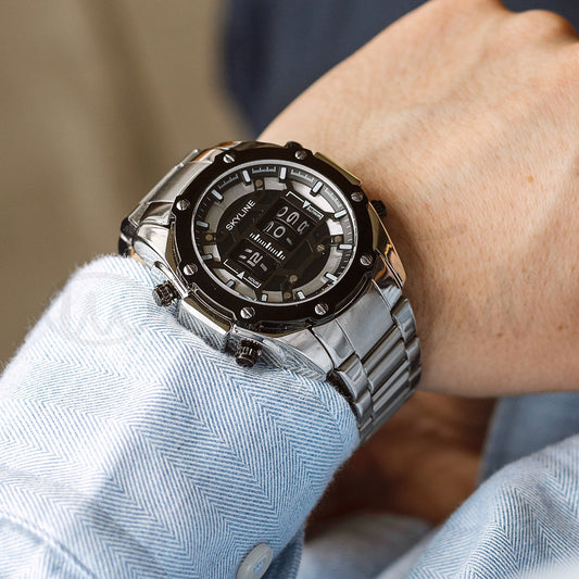 Relógio masculino skyline timeless steel preto prateado