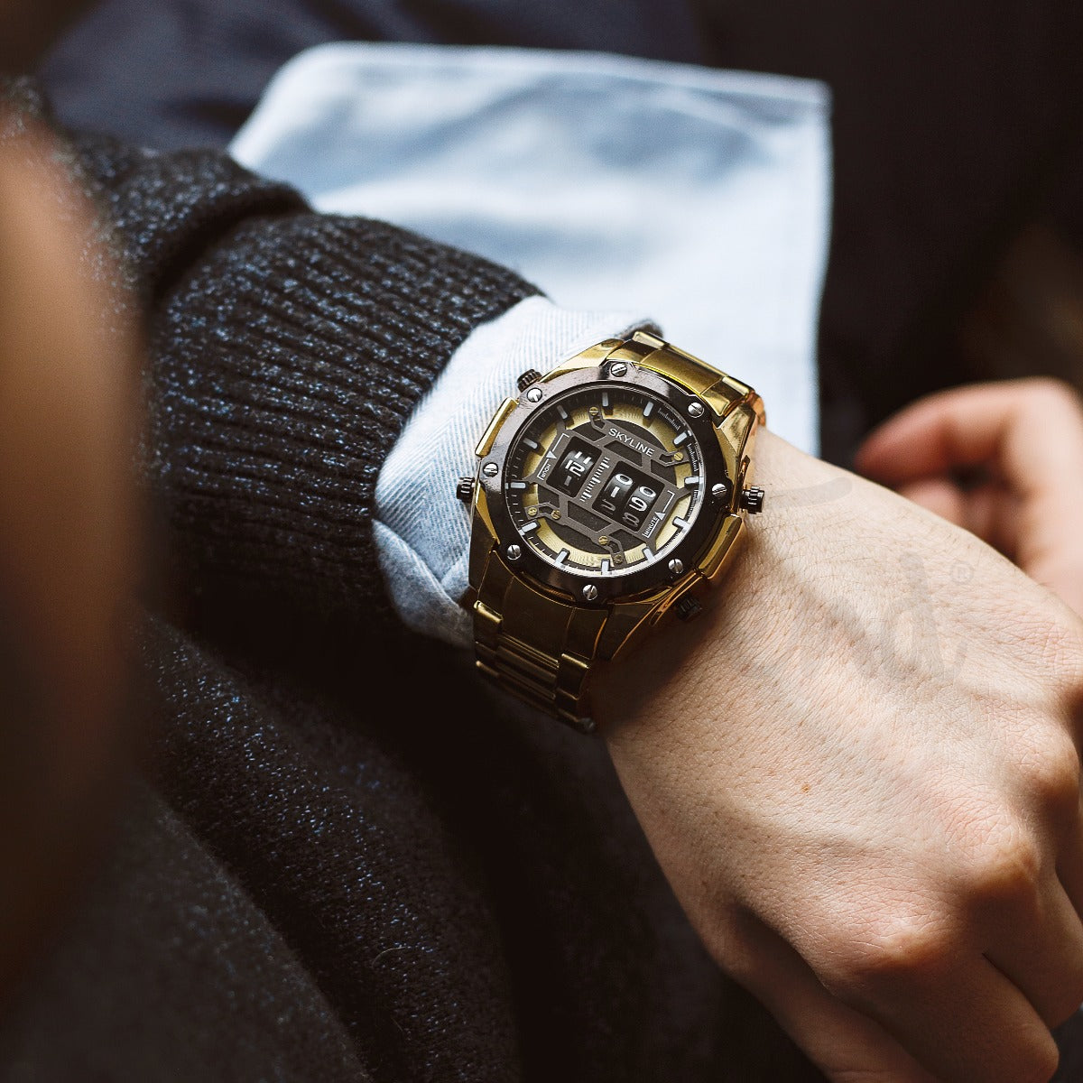 Relógio masculino skyline timeless steel preto dourado