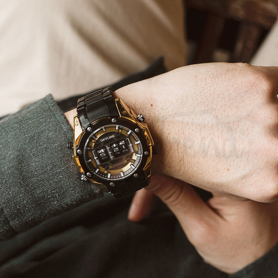 Relógio masculino skyline timeless steel preto dourado