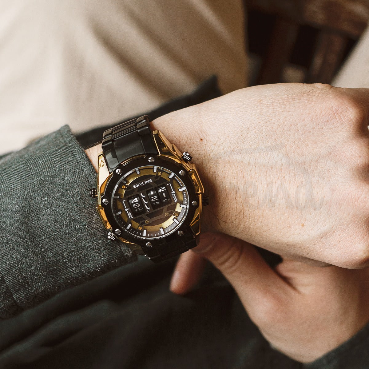 Relógio masculino skyline timeless steel preto dourado
