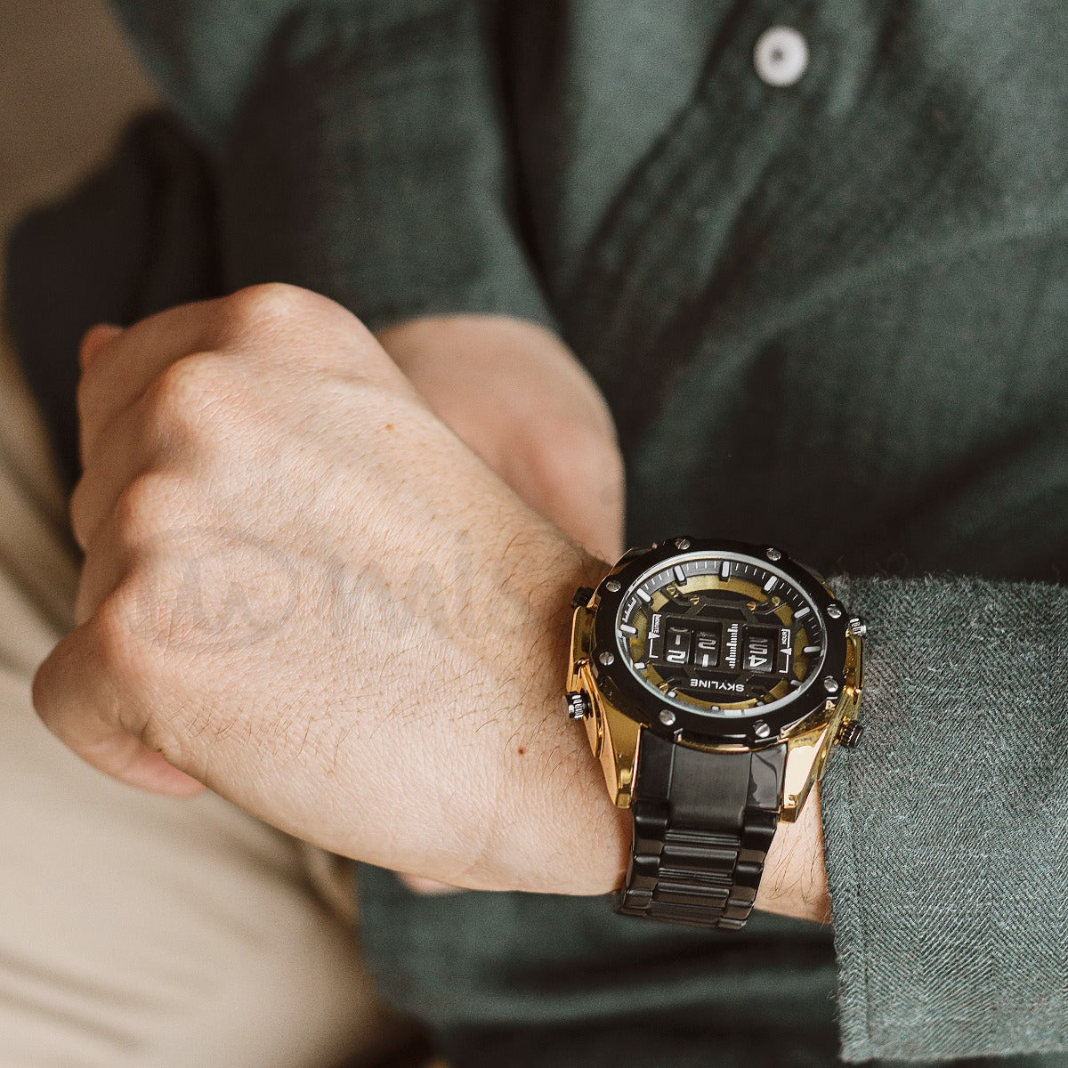 Relógio masculino skyline timeless steel preto dourado
