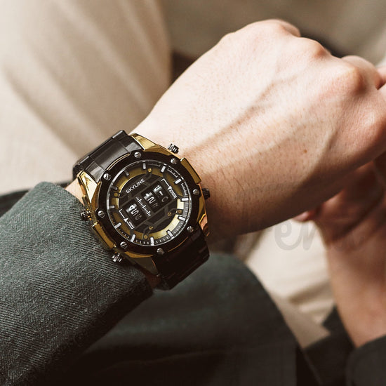 Relógio masculino skyline timeless steel preto dourado