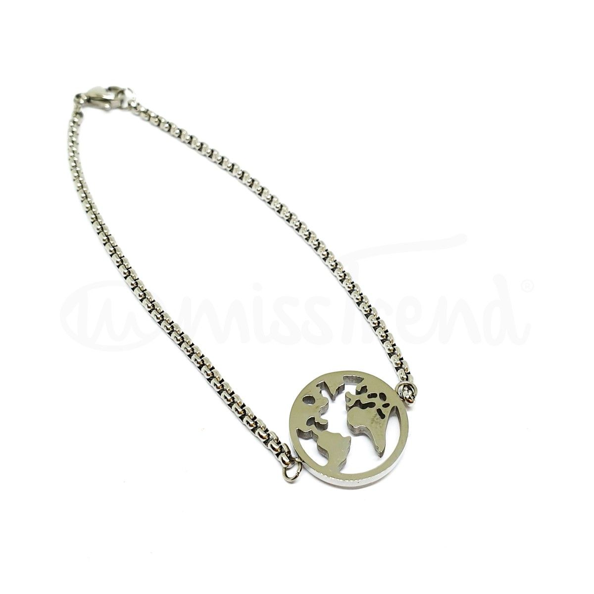Pulseira em aço com pendente mundo prateado