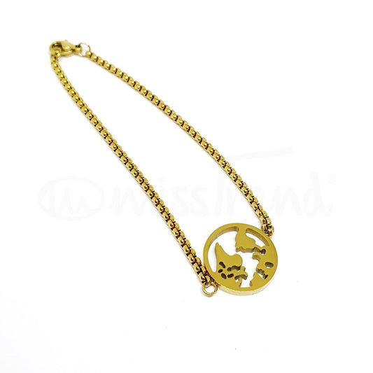 Pulseira em aço com pendente mundo dourada