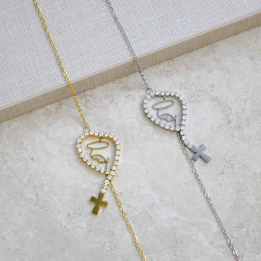 Pulseira Nossa Senhora c/Cruz com Brilhantes em Aço