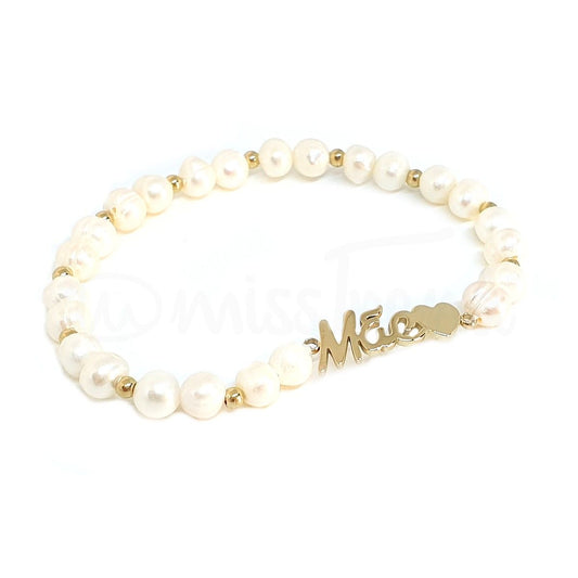 Pulseira mãe com pérolas elástica em aço dourada