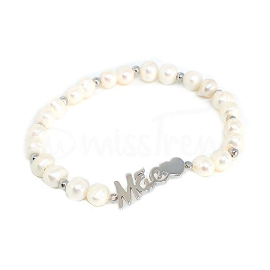Pulseira mãe com pérolas elástica em aço prateada