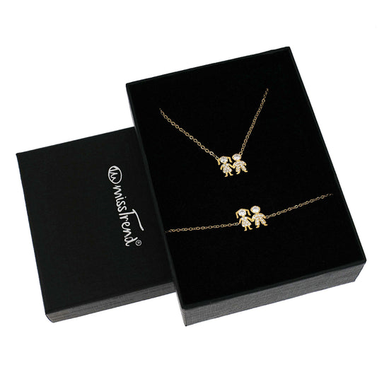 Conjunto Colar + Pulseira com Pendente Casal c/Zircônias