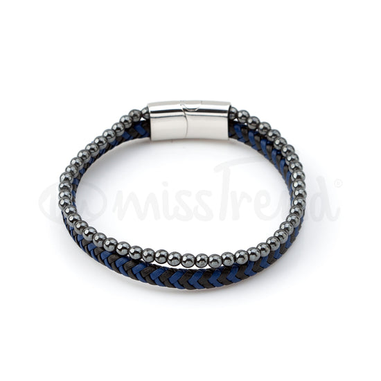Pulseira masculina Argentina em couro azul e prateada