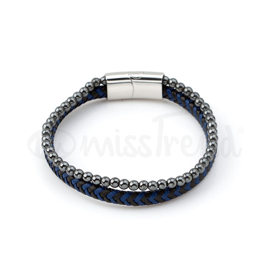 Pulseira masculina Argentina em couro azul e prateada