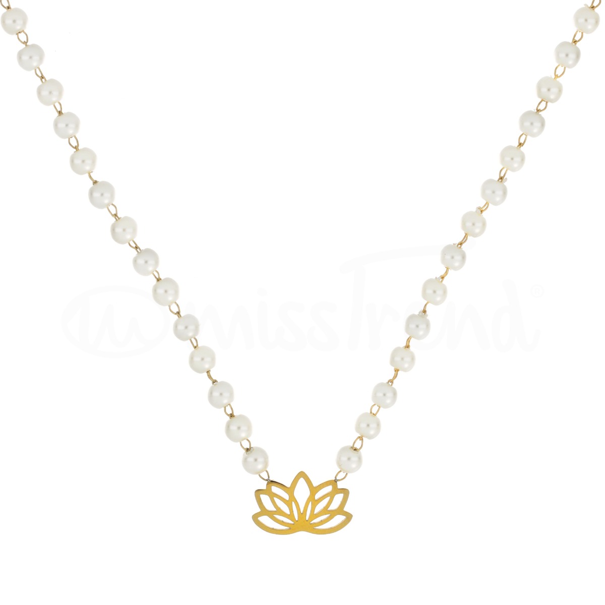 colar pérolas com pendente flor de lótus em aço