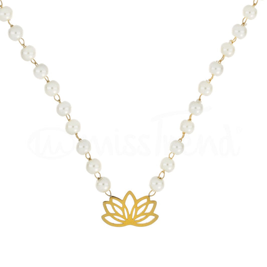 colar pérolas com pendente flor de lótus em aço