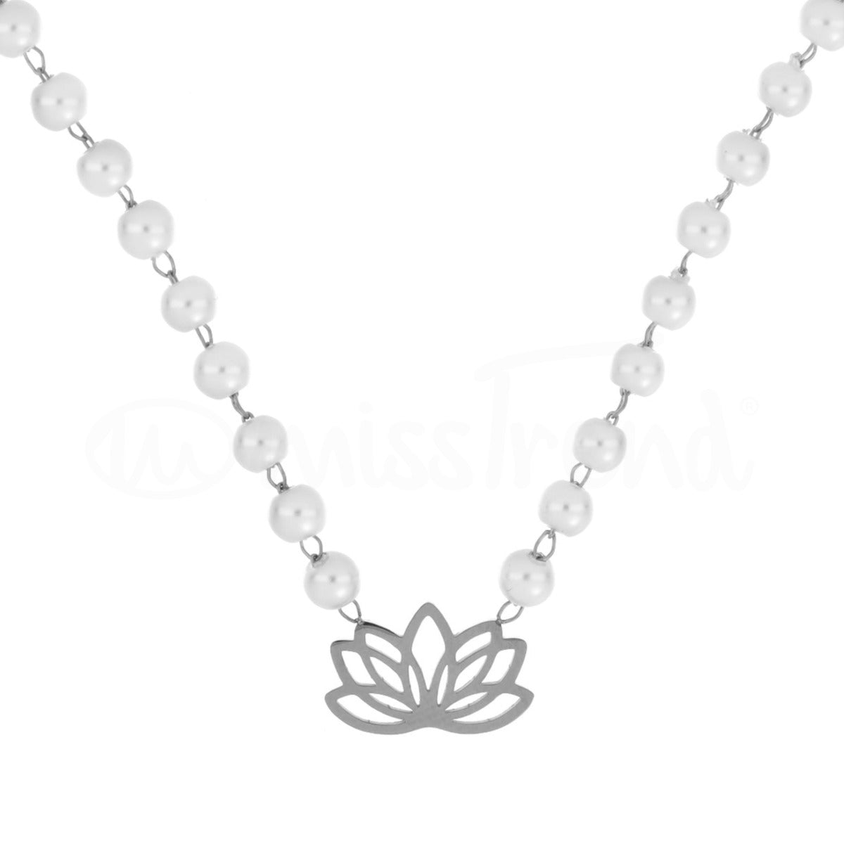 colar pérolas com pendente flor de lótus em aço