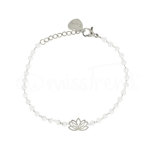 Pulseira pérolas com flor de lótus em aço