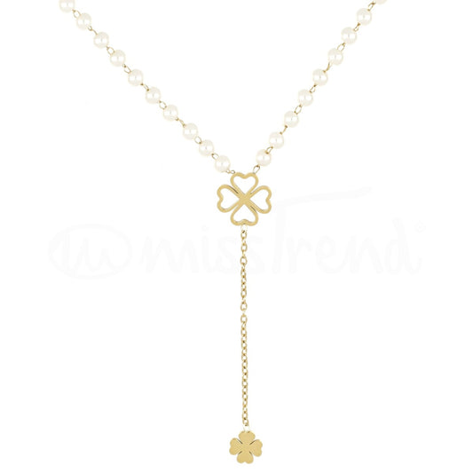 Colar pérolas com pendente trevo em aço dourado