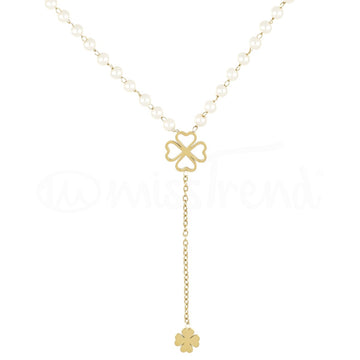 Colar pérolas com pendente trevo em aço dourado