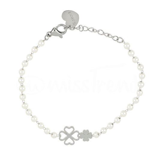 Pulseira pérolas com dois trevos em aço