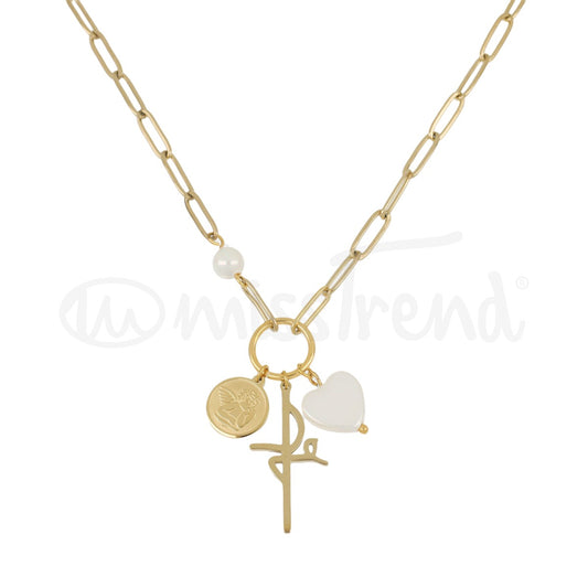 Colar fé com três pendentes em aço dourado