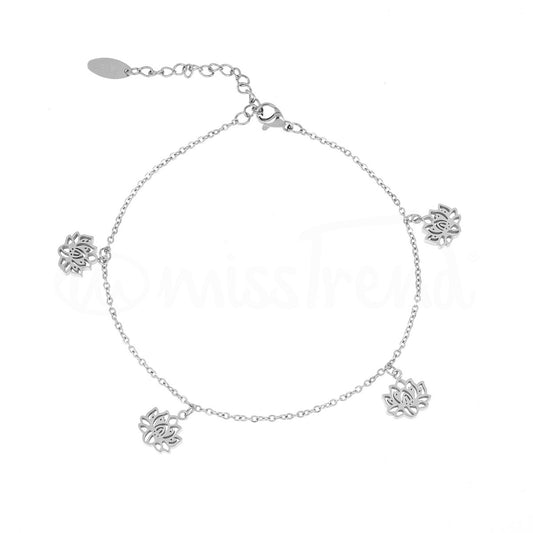 Pulseira de pé com pendentes flor de lótus em aço prateado