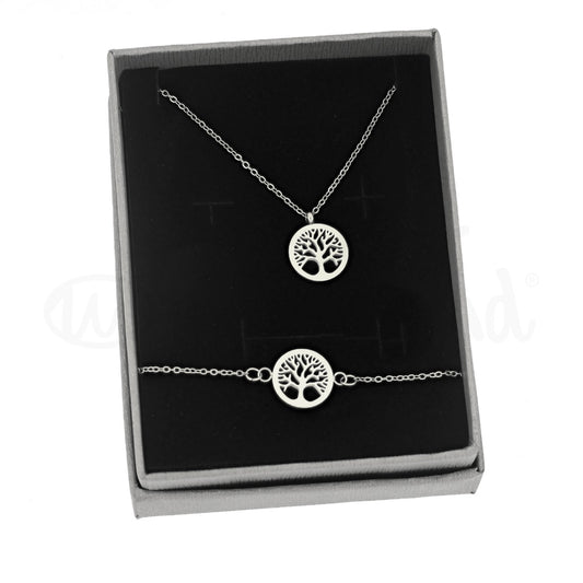 Conjunto colar + pulseira árvore da vida em aço prateado