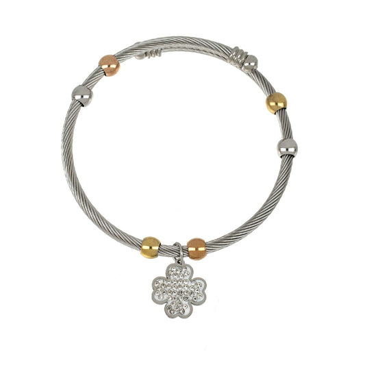 Pulseira Argola c/Trevo com Brilhantes em Aço