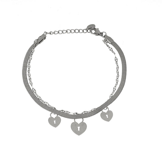 Pulseira 2 Tiras Lock Heart em Aço